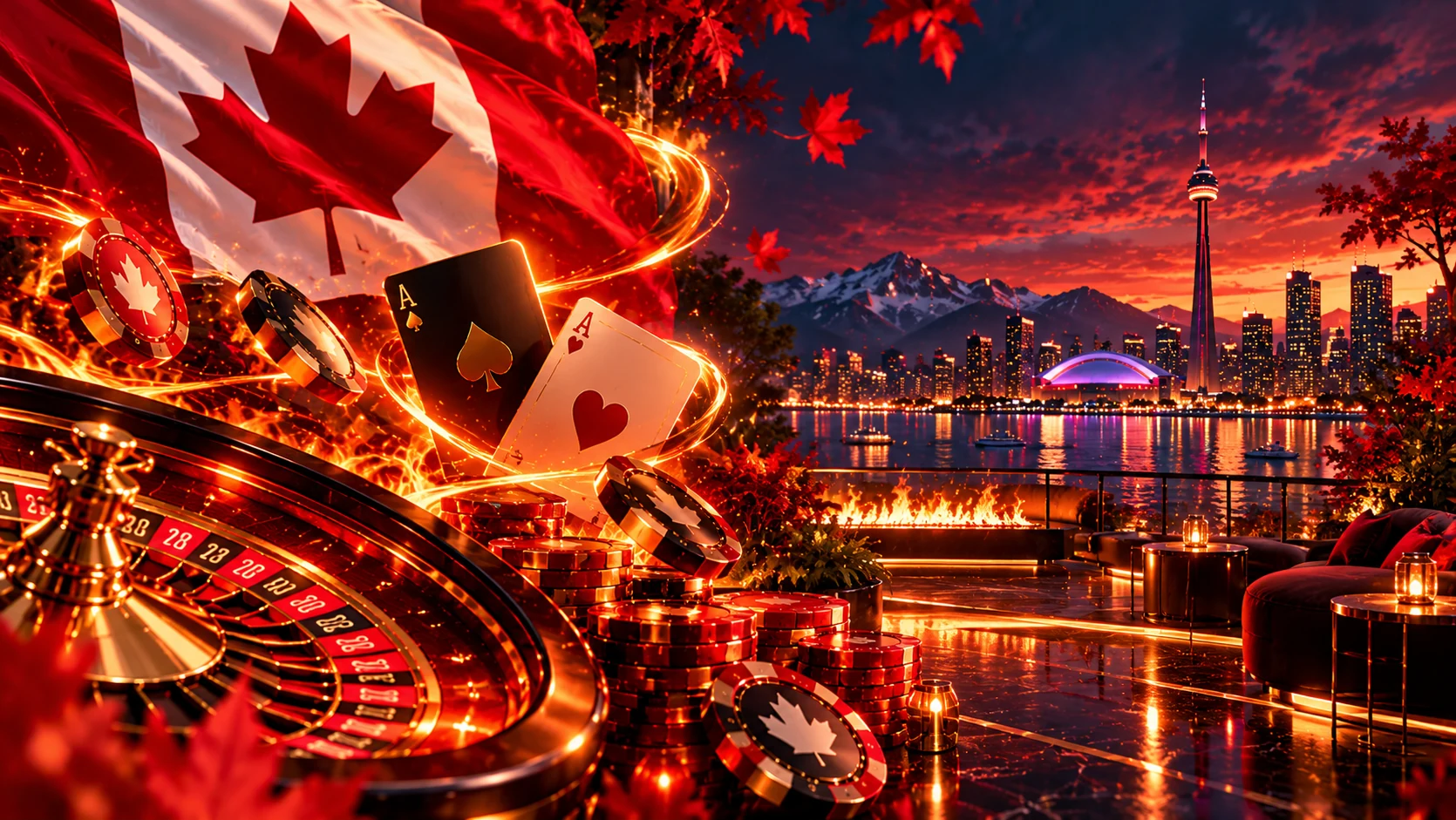 Casino roulette, playing cards and Canadian flag at sunset